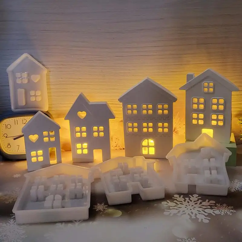 Christmas House Candle Mold Plaster Cement Craft Silicone Molds Set 4X High-Rise House Ornament Making Mold For Kids Room