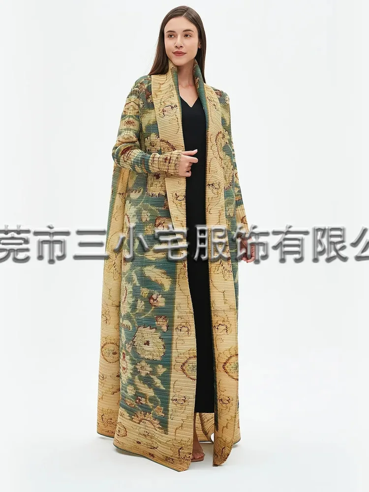 Vintage Print Pleated Long Coat Women Scarf Collar Belt Gathered Waist Coats High Street Fashion 2024 Autumn New Clothing