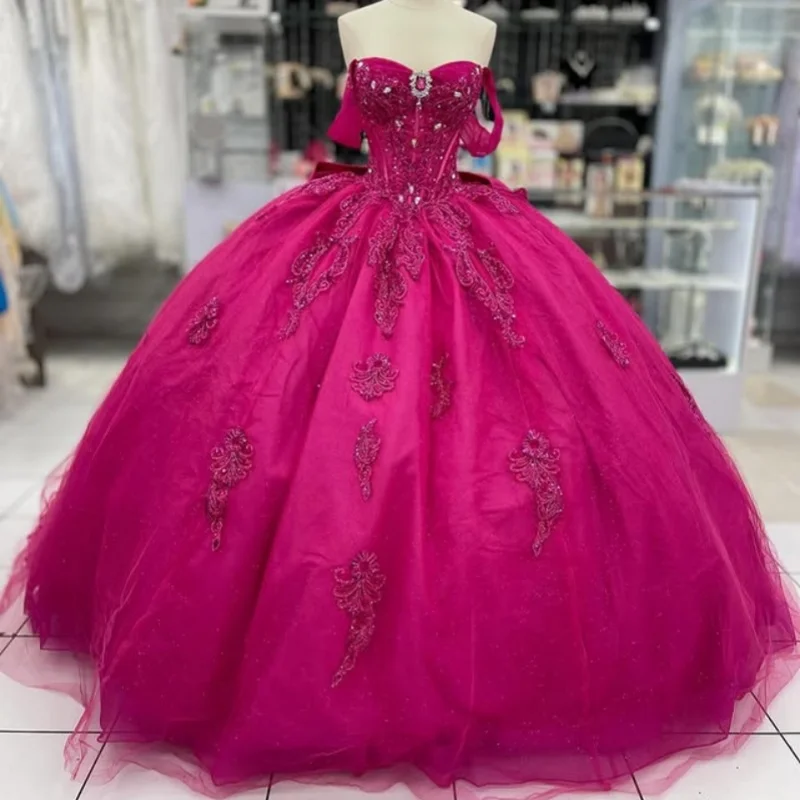 

Rose Pink Quinceanera Dresses Off the Shoulder Sequin Crystal Decal Ruffle Long tail Bow Vestido De 15 Quinceanera Customize