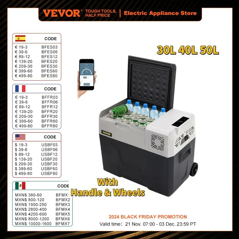 VEVOR Glacière Électrique Portable 30L 40L 50L Réfrigérateur de Voiture 12/24V 220V Mini Frigo pour