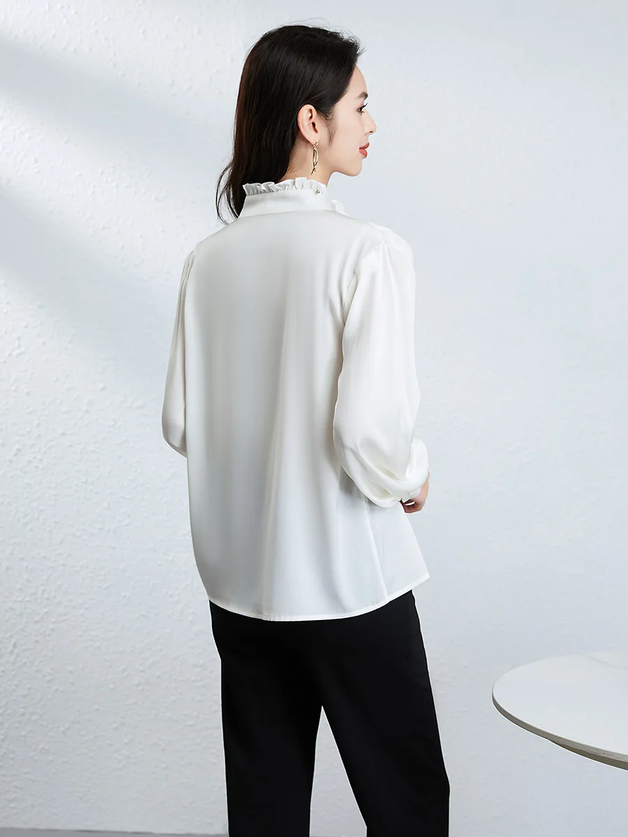 윈슬레터-19MM 92.3% 실크 7.7% 스판덱스 우아한 셔츠, 스탠드 러플, 여성 기품 출퇴근 블라우스, 2025 가을 신상 T59333CC