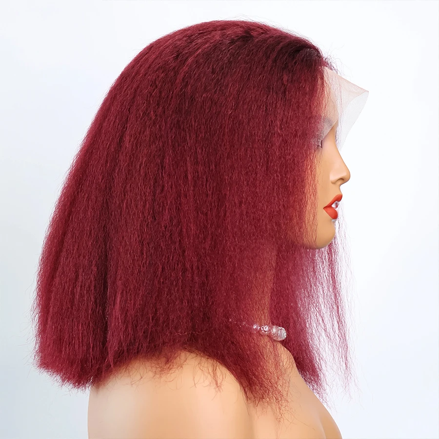 

99J Бордовый Кудрявый Прямой 250 Плотность Короткий Боб Парик Фронта Шнурка Человеческих Волос Для Женщин Бразильский Бесклеевой Фронтальный Парик Грубые Яки