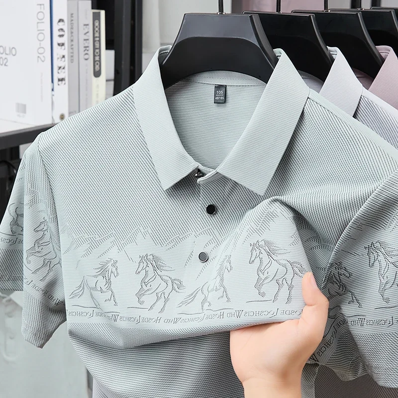 Landscape horse printed polo top for men lapel two button placket fine vertical grain soft stretch outdoor driving apparel