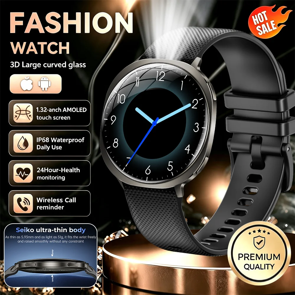 2026New Fashion Fitness Tracker Smart Watch5.93MMUltra-thin 1.32”AMOLED 100+dials Blood Pressure BtCall Waterproof The best gift