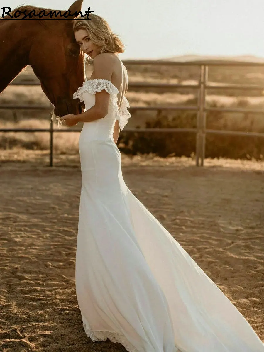 Simple Off The Shoulder Open Back Mermaid Wedding Dresses Sleeveless Appliques Lace Country Bridal Gowns