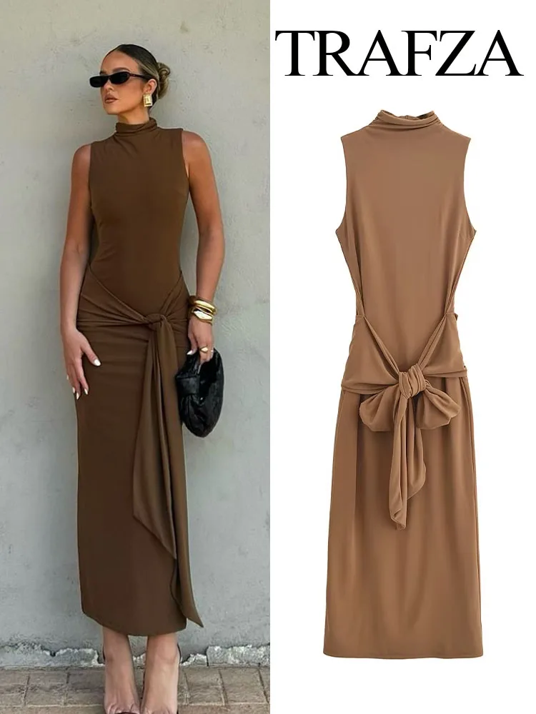 

TRAFZA Female Summer Fashion Pleated Midi Dress Bow Decoration Sleeveless Split Hem Midi Dress Women Solid Back Zipper Dress