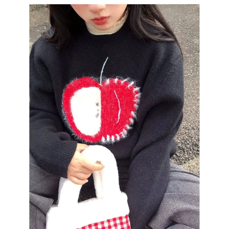 O-hals Fruit Geborduurde Losse Zwarte Lange Mouwen Trui Vrouwen 2025, Herfst Nieuwe High Street Fashion All-Match Gebreide tops