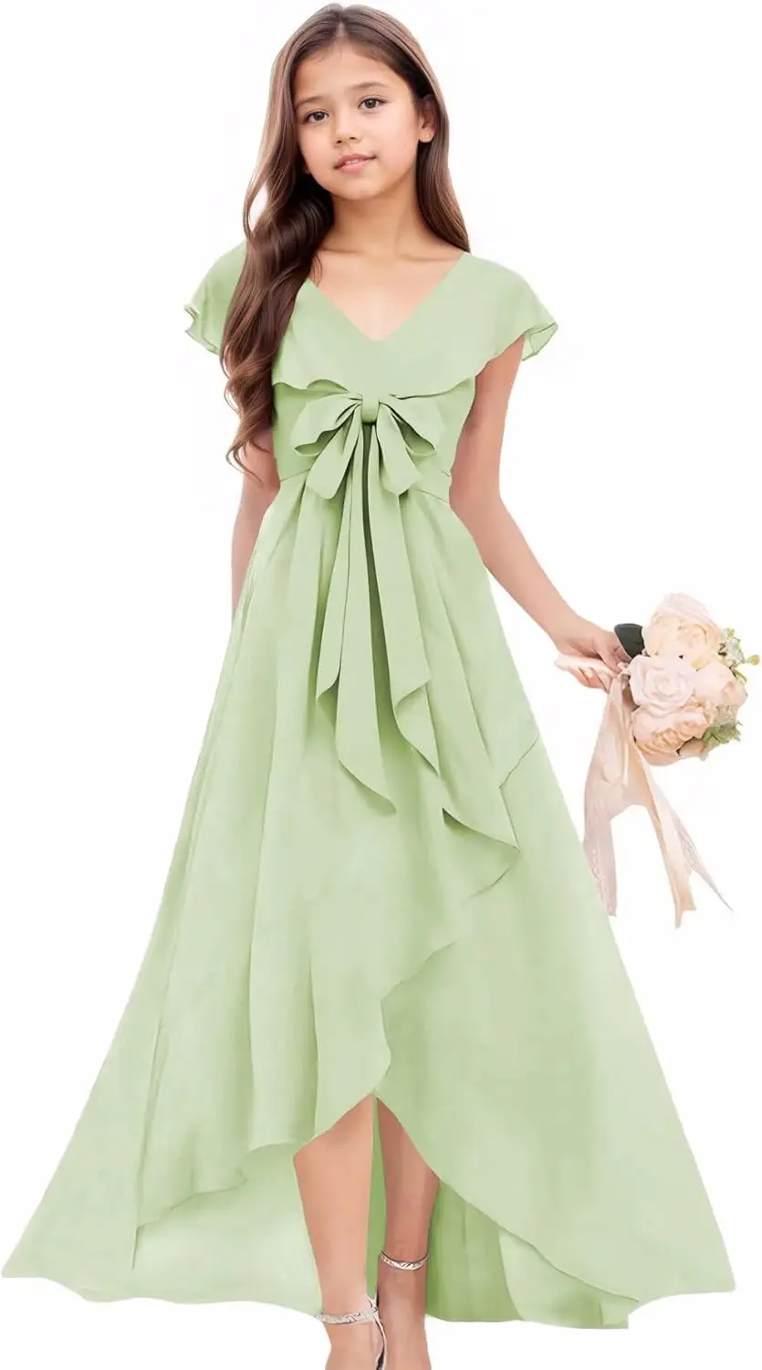 Vestido de dama de honra júnior com decote em V, laço de chiffon, alto e baixo, flor, concurso de casamento, vestido de baile para meninas
