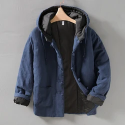 Vintage Chinese Style Jacket Men Winter New Thick Loose Cotton Linen Hooded Jacket Retro Casual Solid Color Cardigan Wild Coat