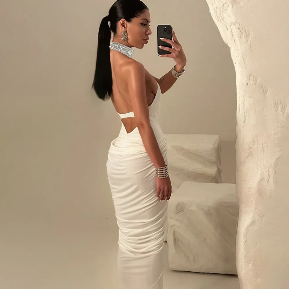 Blifanbo moda Halter espalda descubierta Sexy Maxi vestido elegante plisado cintura alta Split ceñido al cuerpo fuera del hombro Club vestido de fiesta