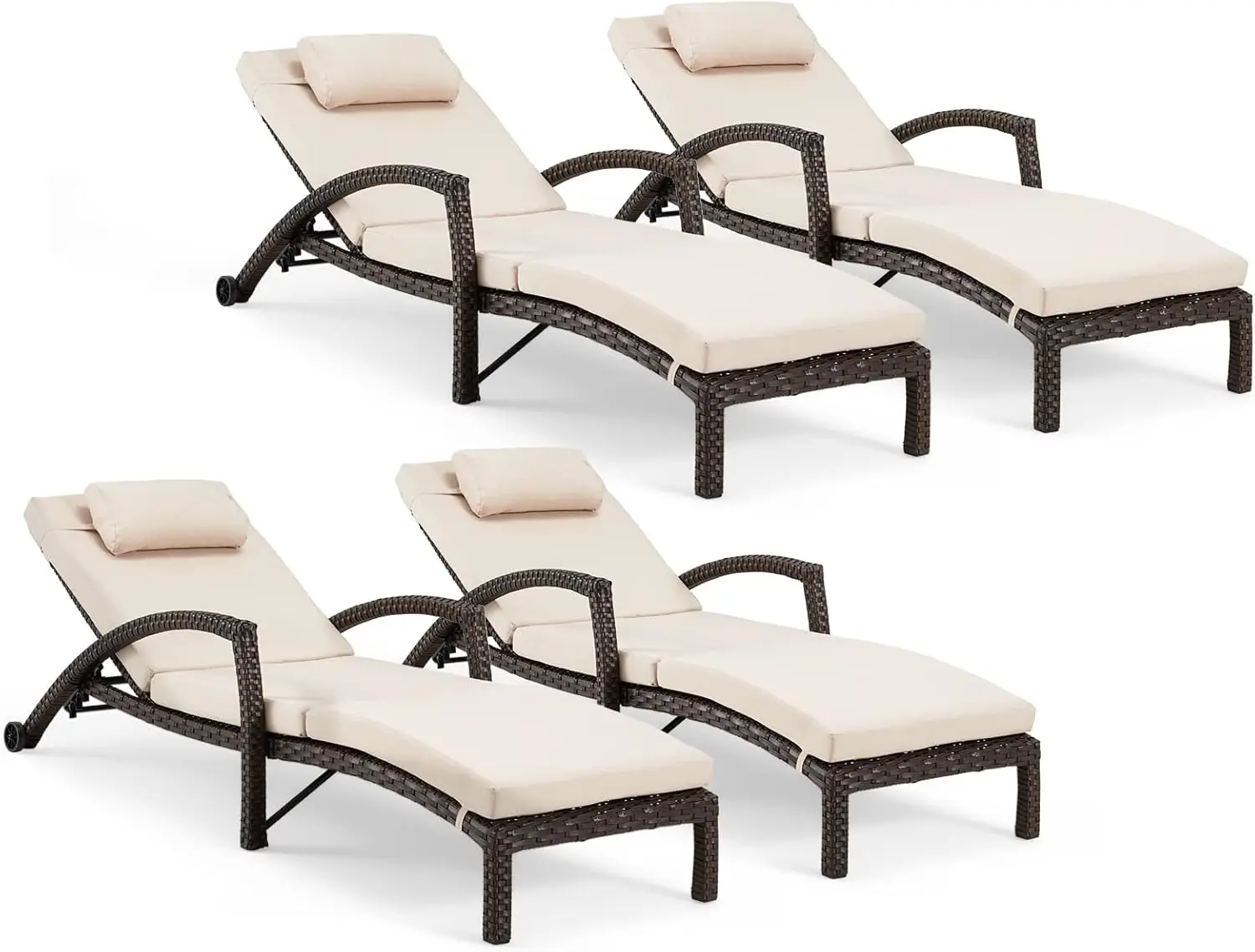 

Chaise Lounge Chairs Set of 4, PE Rattan Wicker Lounge Chair with Arm and Wheels for Poolside,Khaki