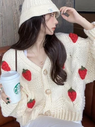 ZOKI Cute Strawberry Women Cardigan Sweater Oversize Winter Loose Fashion V Neck Hand 3D Knit Ladies Jumper Casual Female Coat