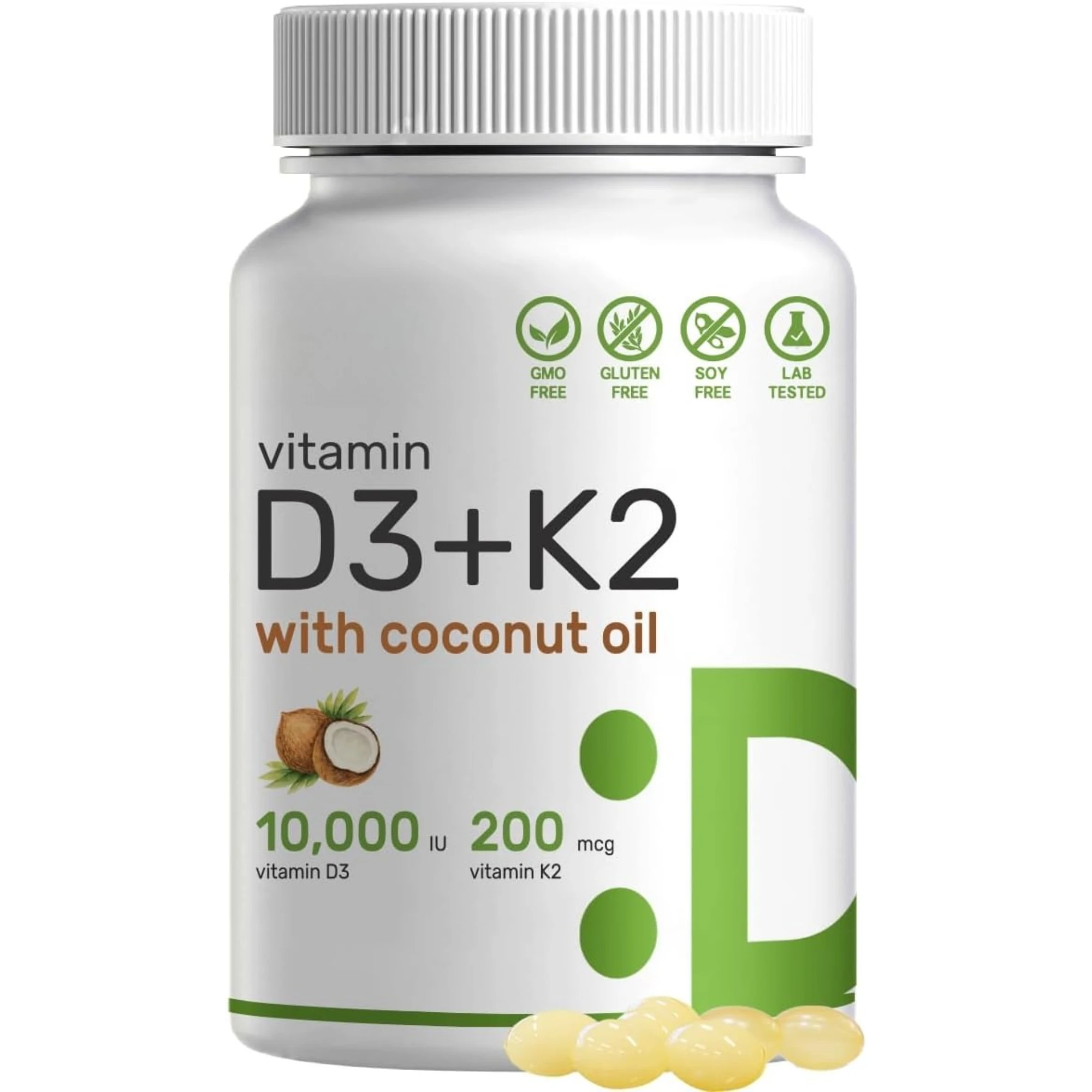 SUPLEMENTO Vitamina D3 10,000 UI + K2 MK7 200mcg Cápsulas Blandas, 250 Unidades |   Complejo 2 en 1 con Aceite de Coco Virgen |   Fácil de tragar