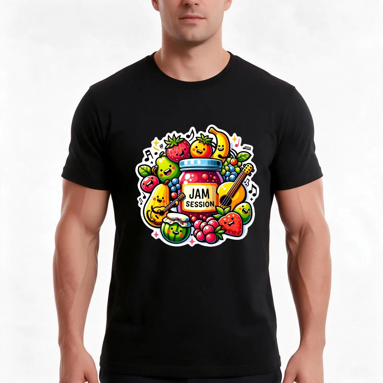 Fruity Jam Session Musical Playful Decal Sticker T-Shirt Summer Casual Cotton Tee Oversized Streetwear Tops Unisex Men Women