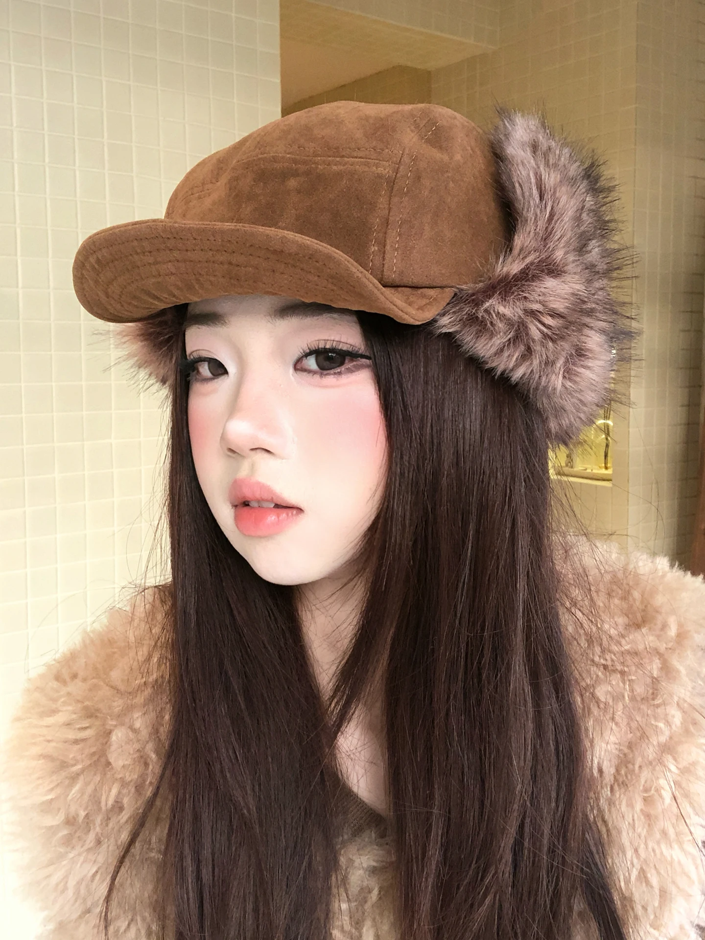 Retro Suede Fluffy Lei Feng Cap Women Winter New Style Warm Thick Outdoor Cycling Cold Proof Flying Hat Soft Brim round Top