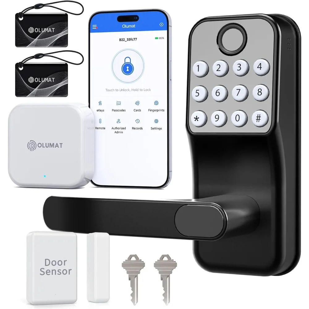 Smart Door Lock with Handle: Keyless Entry Door Lock with Gateway Door Sensor - Wi-Fi Keypad Smart Door Lock - Remote Control Lo