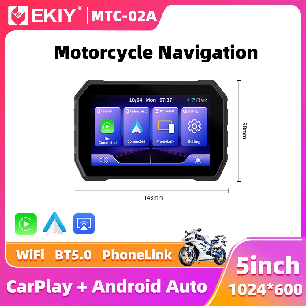 EKIY Wireless CarPlay Moto Android Auto 5 inch Portable Digital Motorcycle Dashboard GPS Motorcycle Navigation Display Screen