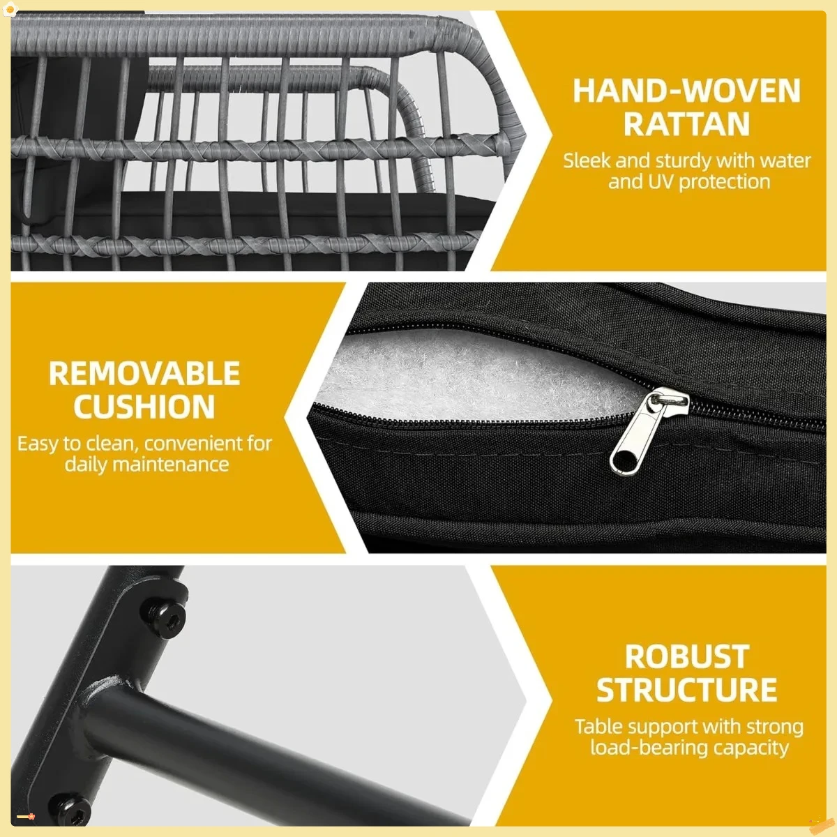 Set di mobili da giardino per esterni da 4 pezzi, set da conversazione in rattan di vimini PE per tutte le stagioni con morbidi cuscini e tavolo in metallo