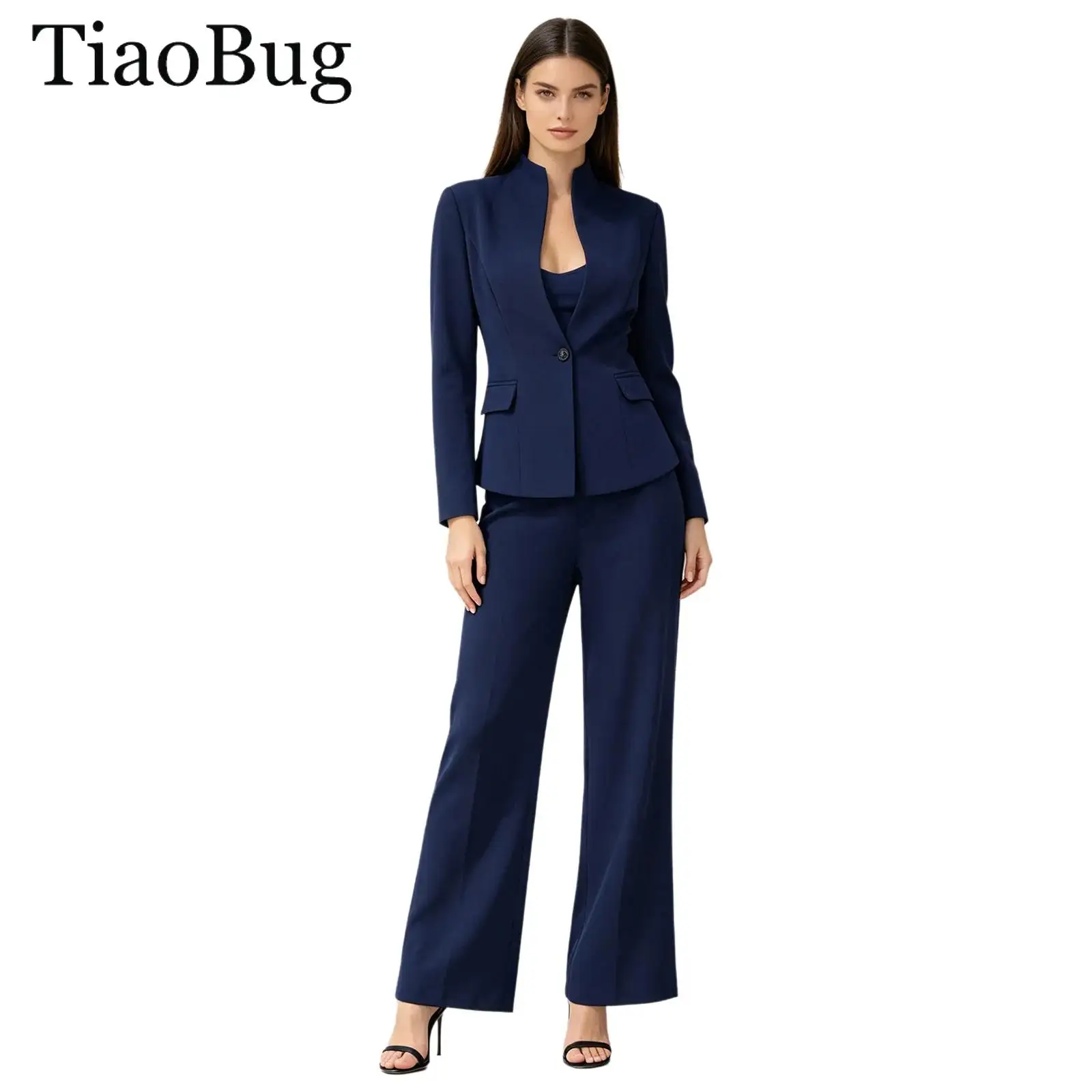 

Womens Office Lady Business Style Outfit One-button Long Sleeve Stand Collar Blazer Jackets And Wide Leg Pants Work Formal Suit