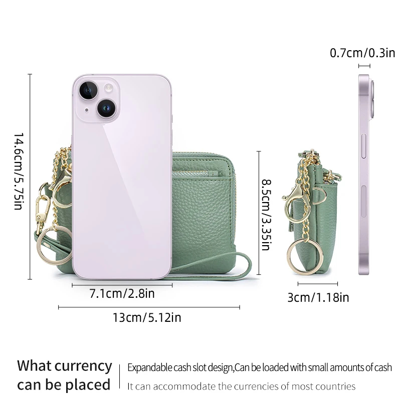 Genuine Leather Women Coin Zipper Pocket Mini RFID Blocking Wallet with cash Card Slots Zipper Around Wristlet Keychain