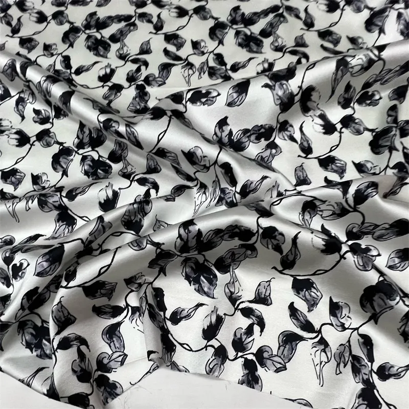 19 Momme Stretch Silk Printed Fabric Ink Painting Leaf Flower Silkworm Silk Satin Skirt Cheongsam Clothing Fabric