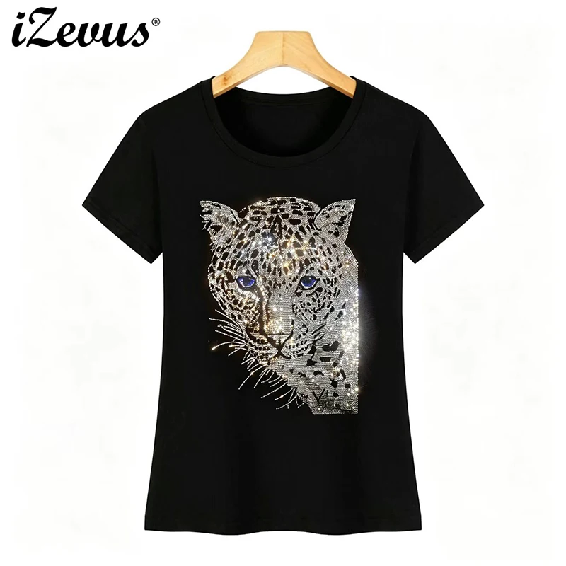 New Shiny Hot Drill Silver Leopard T-Shirt High Quality Good Fabric Ice Cotton Ladies Summer Short-Sleeved Casual T-Shirt