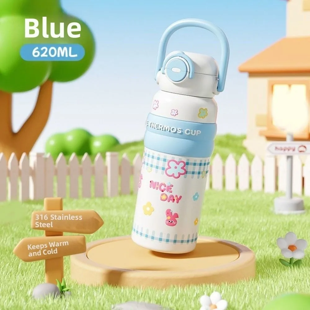 كوب معزول مزدوج للمشروبات بسعة كبيرة مع مقبض كوب بقشة كرتوني مانع للتسرب 620 مللي زجاجة معزولة بالفراغ