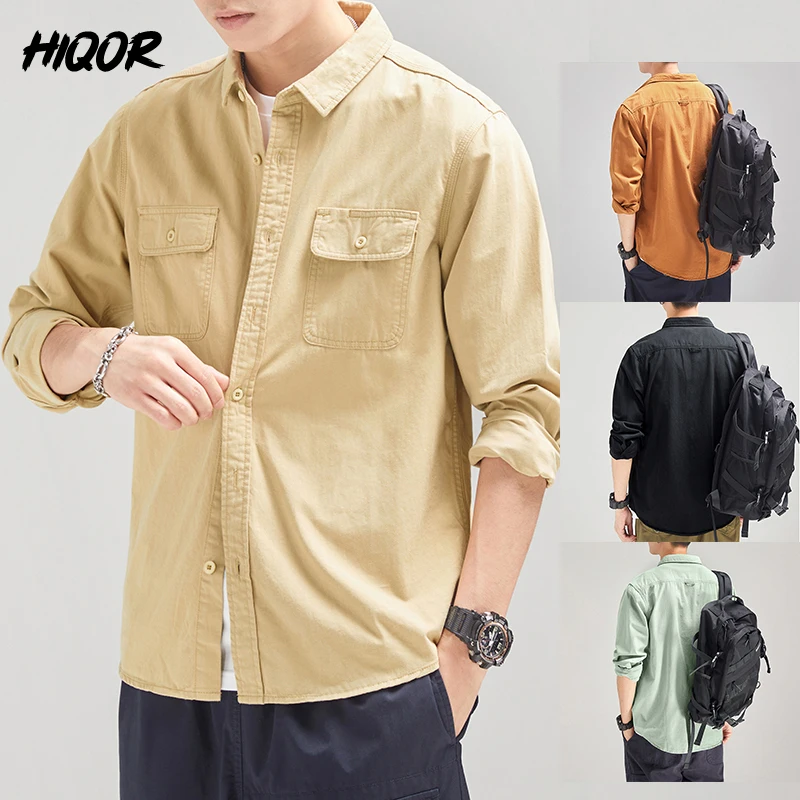 HIQOR 100% Cotton Men\'s Casual Shirt Male Overshirt 2024 Autumn Cargo Shirts Men Clothing Khaki Vintage Clothes Shirt Man Blouse