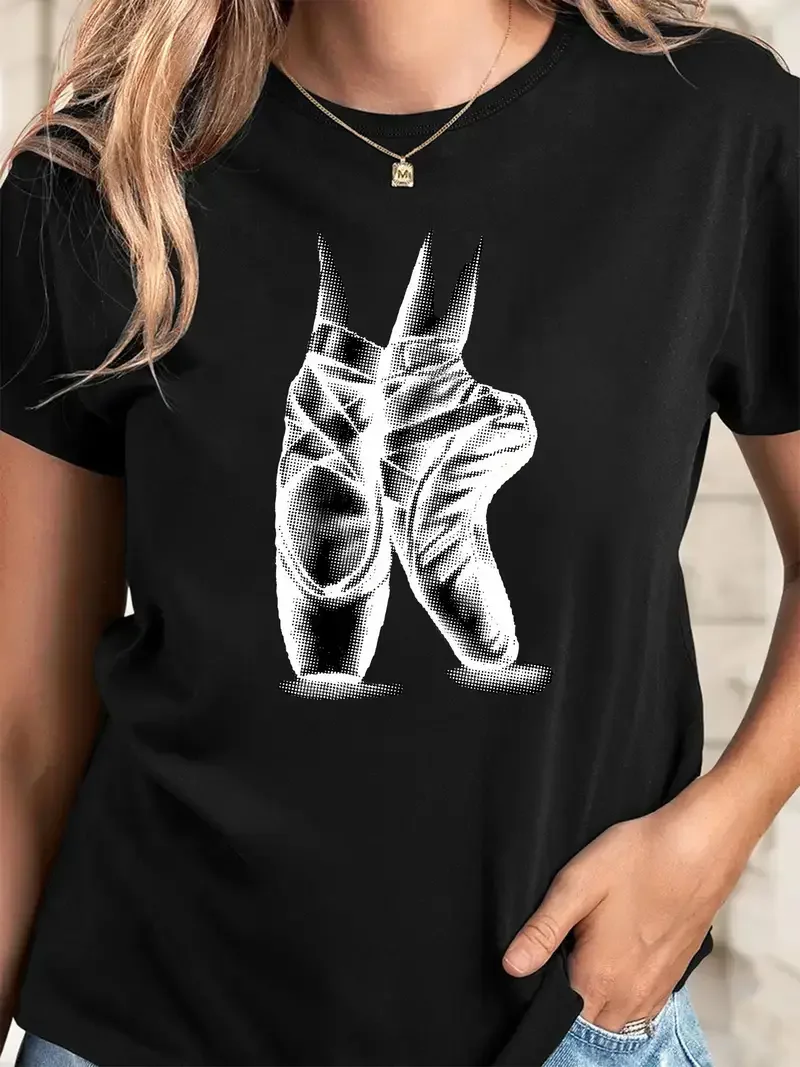 เสื้อยืดคอกลมแขนสั้นลายกราฟิกธีมบัลเลต์สำหรับผู้หญิง ดีไซน์นักเต้นบัลเลต์