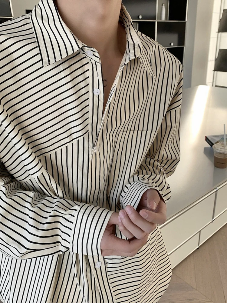 LANMREM Irregular Striped Shirt For Female Lapel Single Breasted Pockets Design Loose Top Versatile 2024 New Clothing CP2797