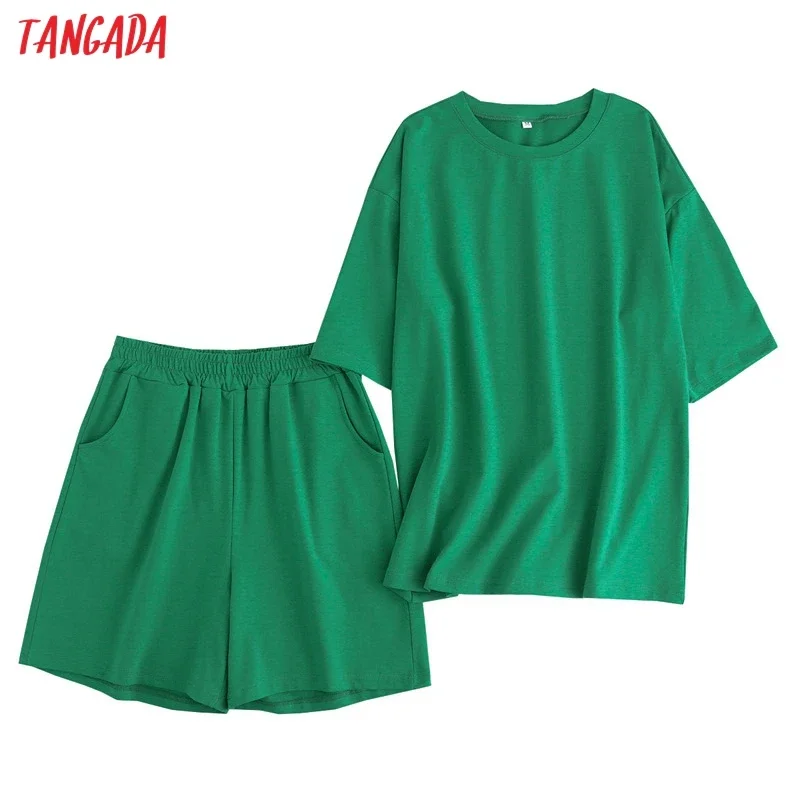 Tangada 2022 Summer Soft Cotton Tracksuits Unisex Two Piece Set O-neck T Shirt and Pocket Shorts 6L30-2