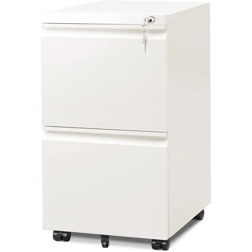 2-Drawer Mobile File Cabinet with Lock, Commercial Vertical Cabinet, White