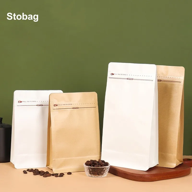 

StoBag 50pcs Kraft Paper Coffee Beans Packaging Bag with Valve Sealed for Powder Nuts Storage Waterproof Stand Up Reusable Pouch