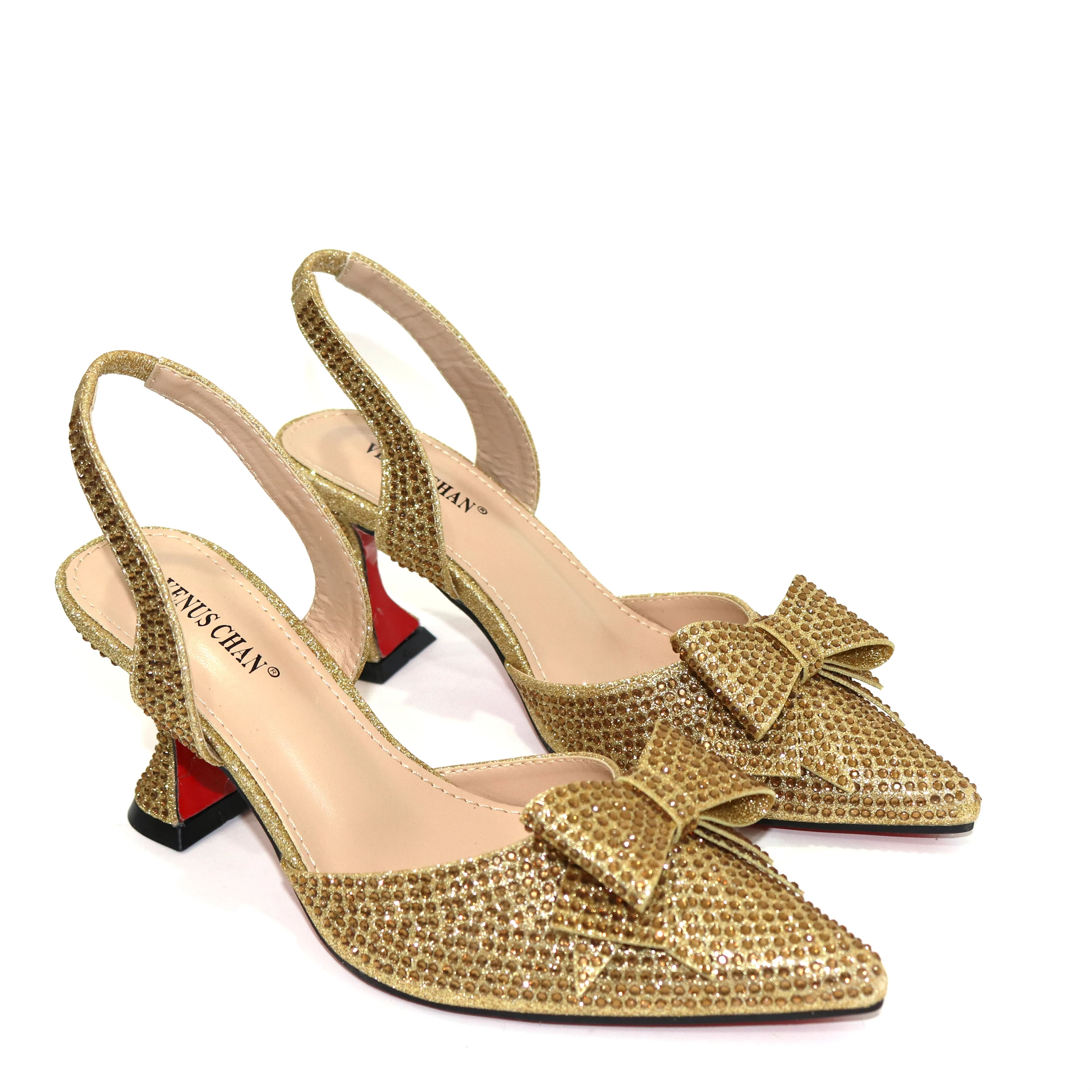 Venus Chan Bridal High Heels for Women 2023 Pointed Toe With Bows Gold Color Rhinestone Elegant Party Wedding Shoe and Bag Set