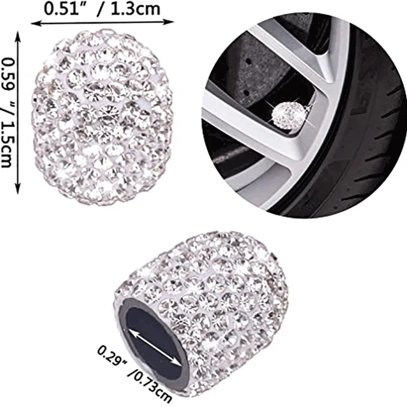 4 Pieces Bling Car Tire Valve Stem Caps, Sparkling White Handmade Crystal Rhinestone Dustproof Universal Car Valve Stem Covers