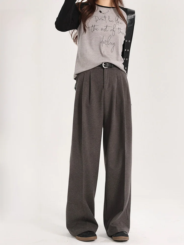 

Gray Thickened Straight Leg Suit Pants for Women High Waist Wide Leg Long Pants Commute Style Business Casual Trousers