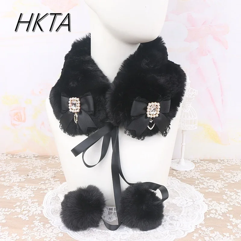 Handmade Japanese Collar Scarf Women Mine Sweet Lace Bow Big Hairball Fluffy Fake Collar Winter New Versatile Fur Collar Scarf