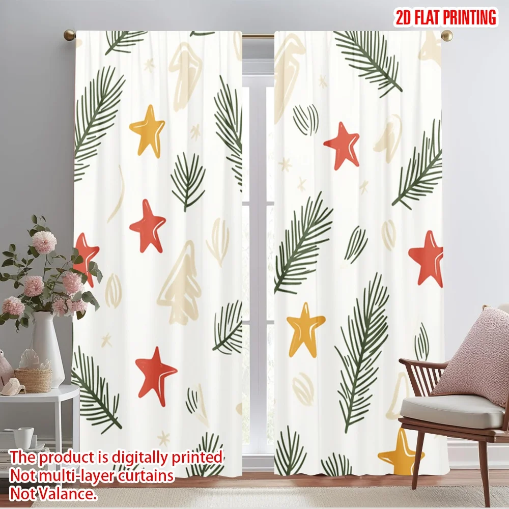 2pcs,2D plane printing Popular Curtains Christmas Trees Stars Berries (2) Versatile Fabric (without rod) Decorations Outdoor