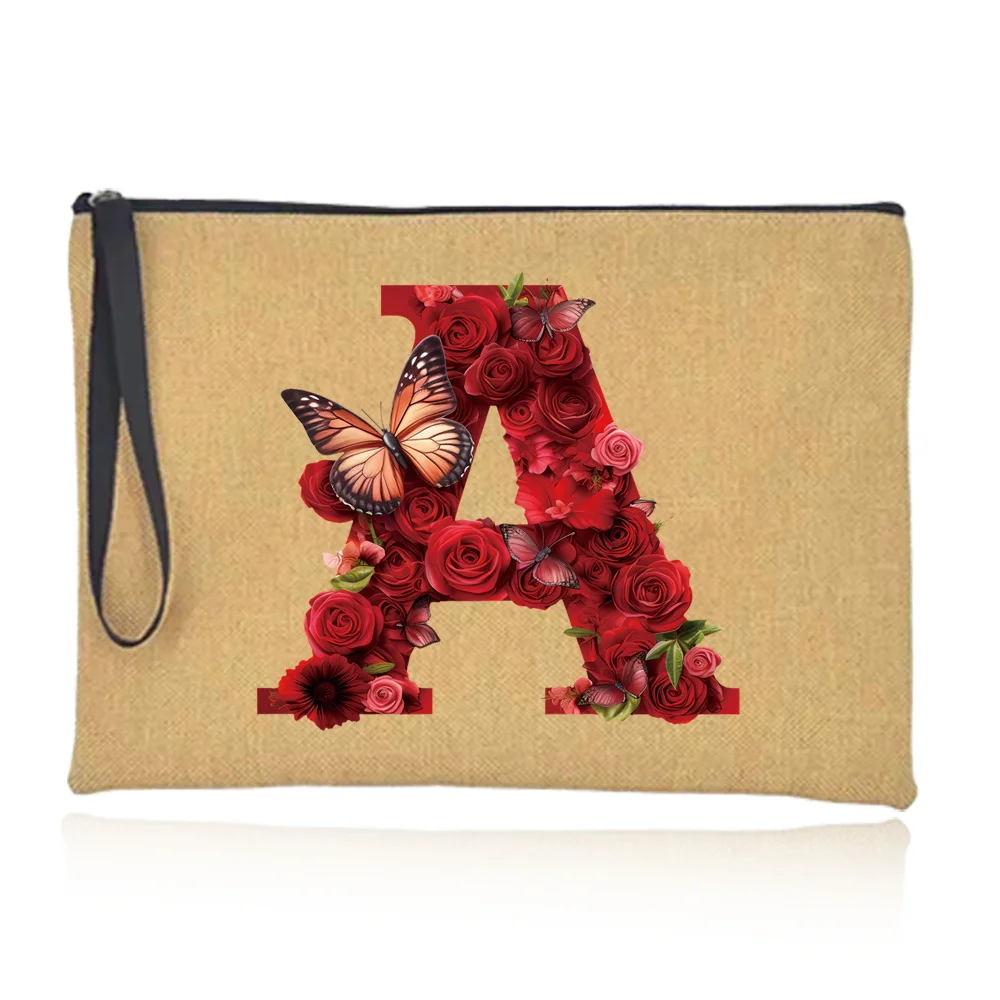 Bolsa de maquillaje para mujer, neceser de algodón de imitación con cremallera, neceser de lavado esencial de viaje, organizador de serie con estampado de rosa roja