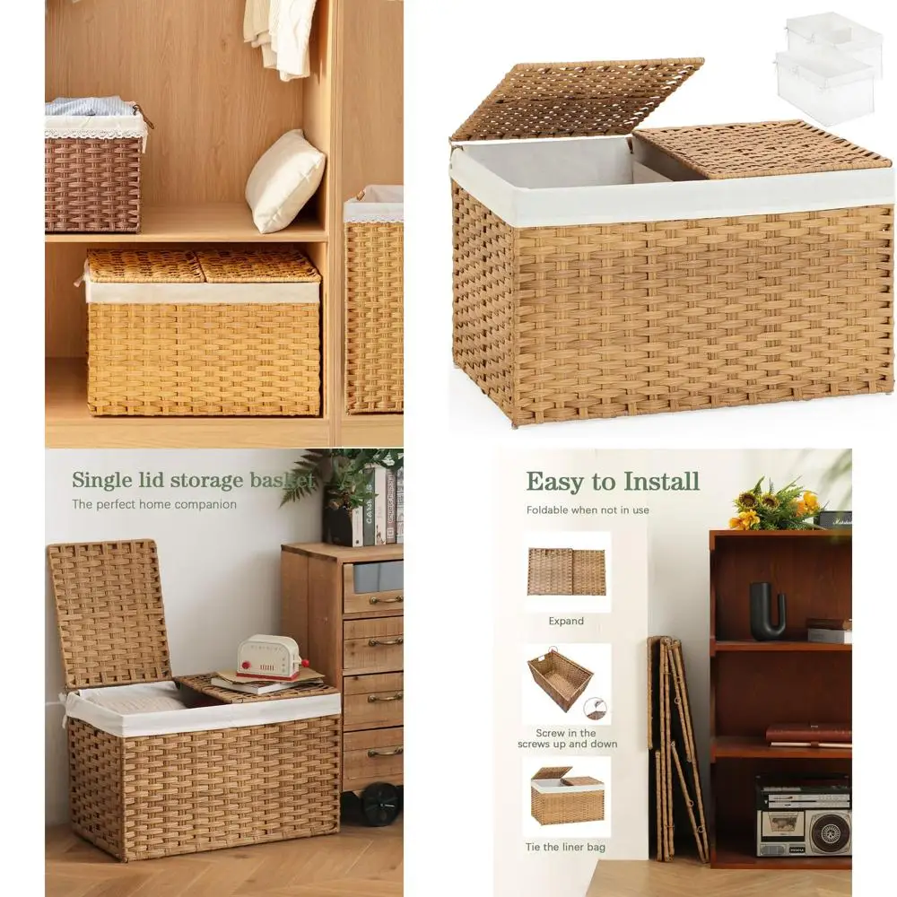 

Large Natural Wicker Storage Basket with 2 Liners and Separate Lids, 42.3 Gallon Capacity