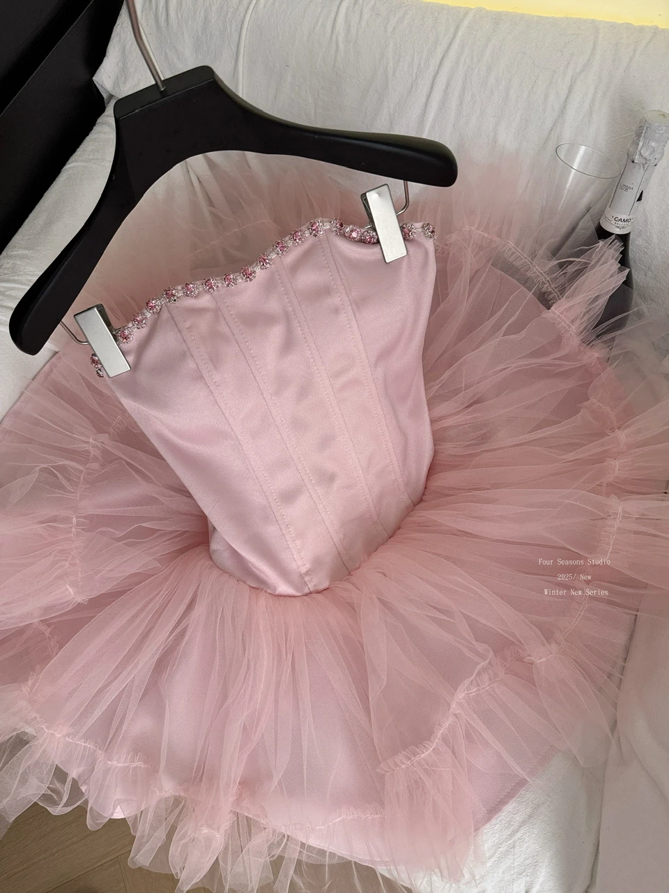 Damska Jesienno-Zimowa Sukienka Bez Ramiączek z Diamentami, z Fiszbinami w Talii, Rozkloszowana, z Bufiastym Tiulem, Seksowna Sukienka Bez Rękawów na Imprezę, Urodziny, Krótka Sukienka