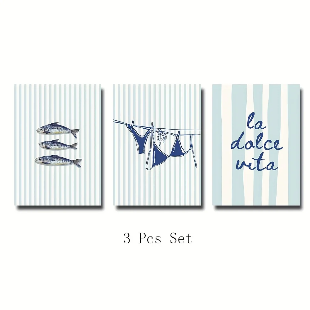 3PCS Light Blue Striped Canvas Wall Art, Fish Bikini Pattern La Dolce Vita Italian Quote Coastal Home Decor