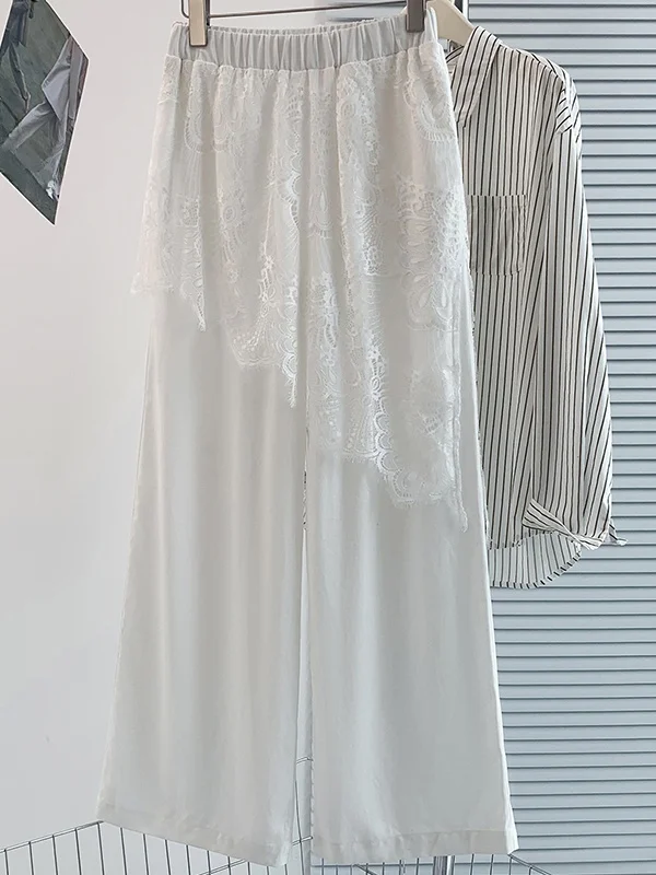 Chic White Lace Pleated Pants Women Summer Thin Hanging Smooth Slim Straight Casual Pants Unique Wide Leg Pants