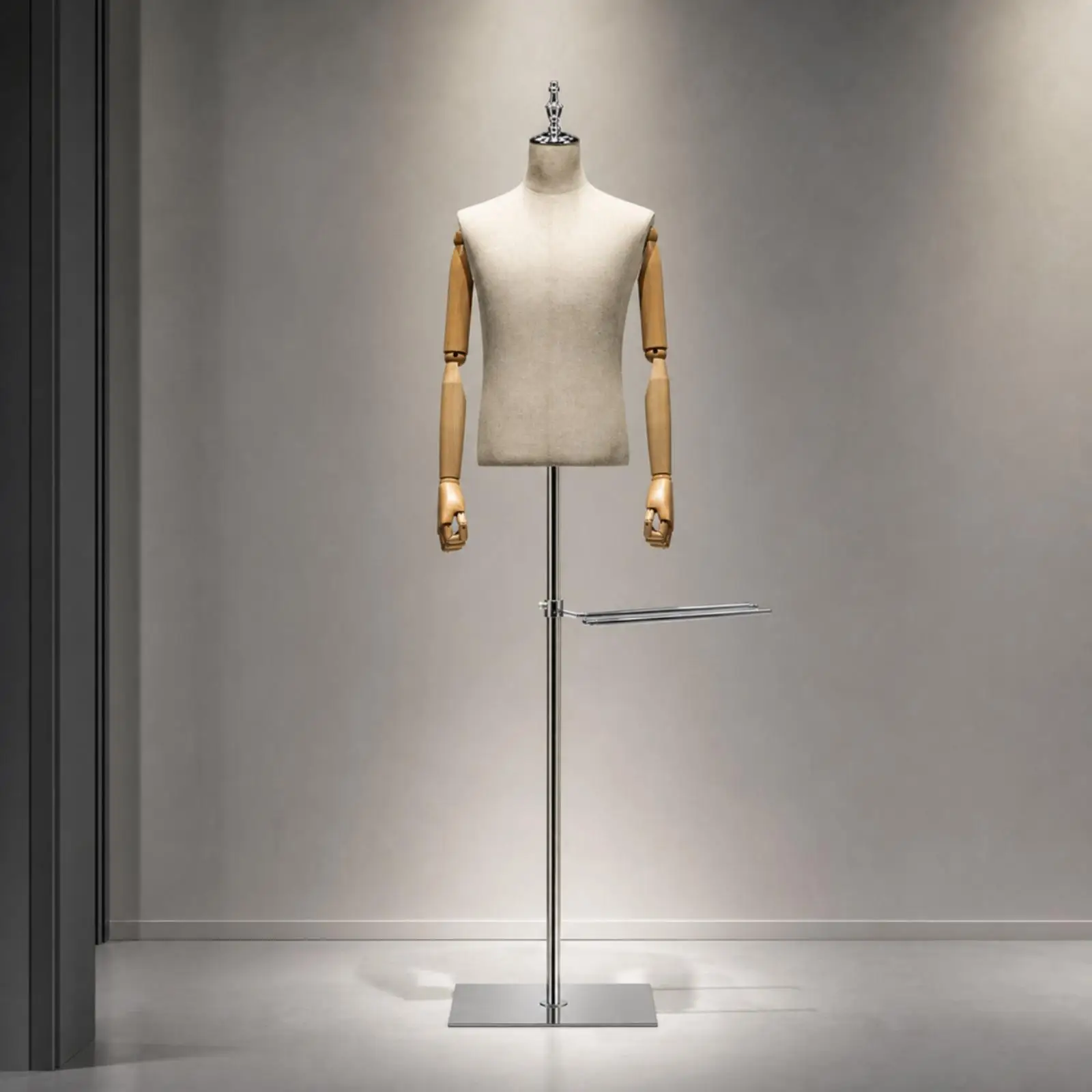 Professional Men Mannequin Torso Display with Linen Surface and Metal Support for Retail Storefront Window Merchandising Apparel