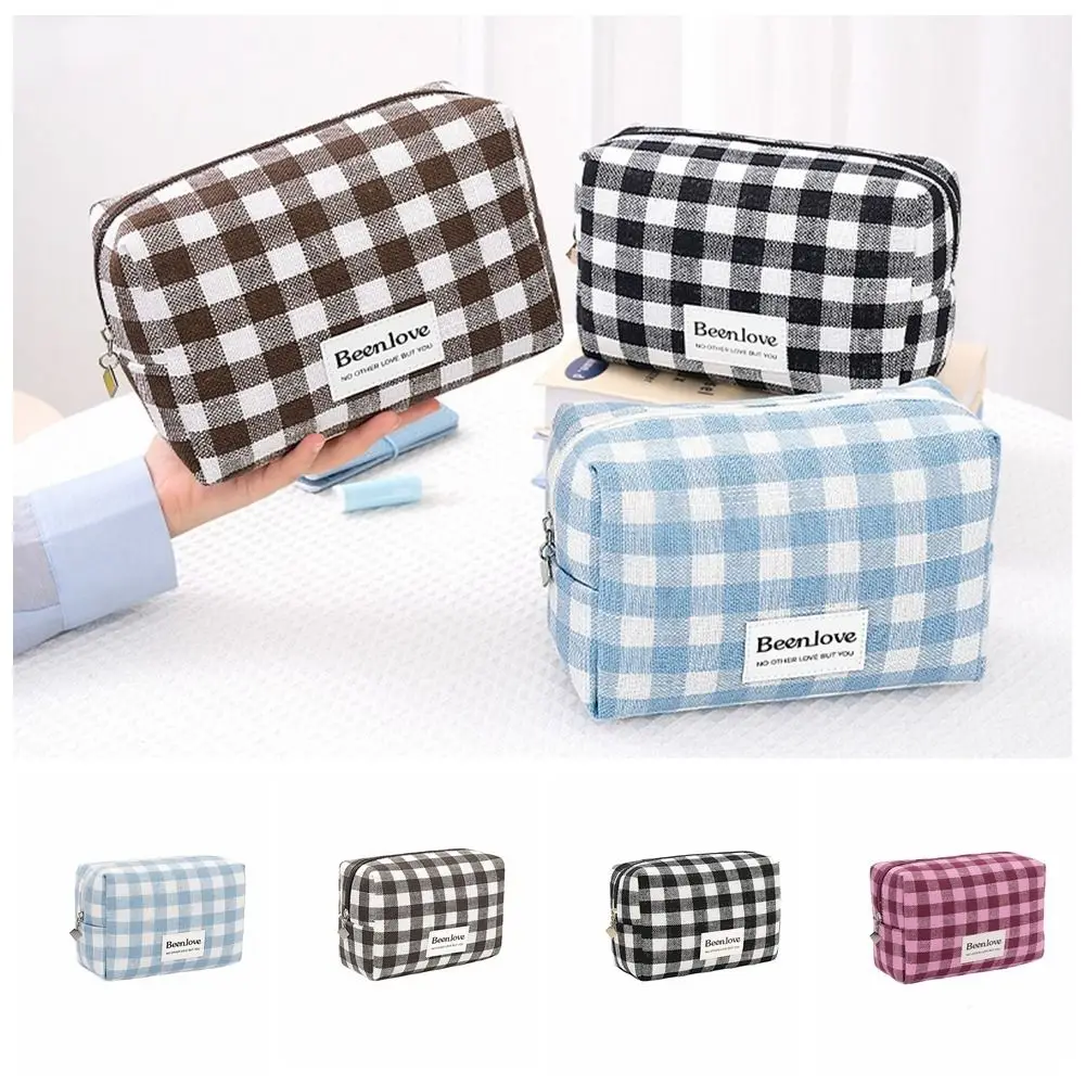 

Portable Lattice Plaid Cosmetic Bag Zipper Large Capacity Makeup Pouch Polyester Waterproof Travel Wash Bag Home
