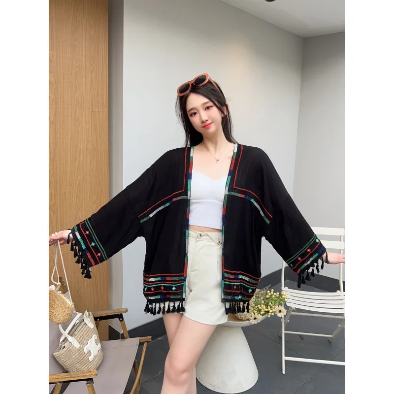 Spring and Summer Thin Cardigan Vintage Ethnic Style Sunscreen Tops Embroidered Tassel Cardigan Black White Available