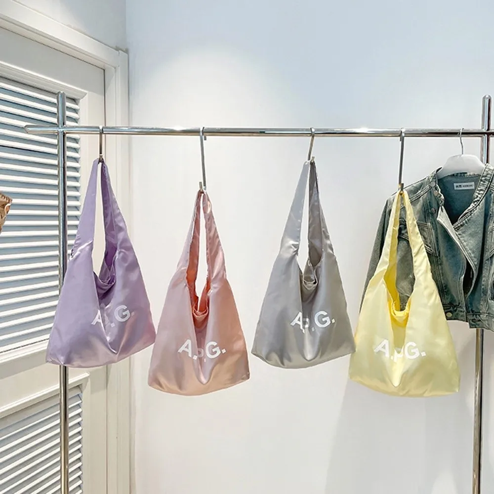 

Girly Style Satin Shoulder Bag Satin Pearlescent Cream Color Korean Version Tote Bag Fresh Style Japanese Cute