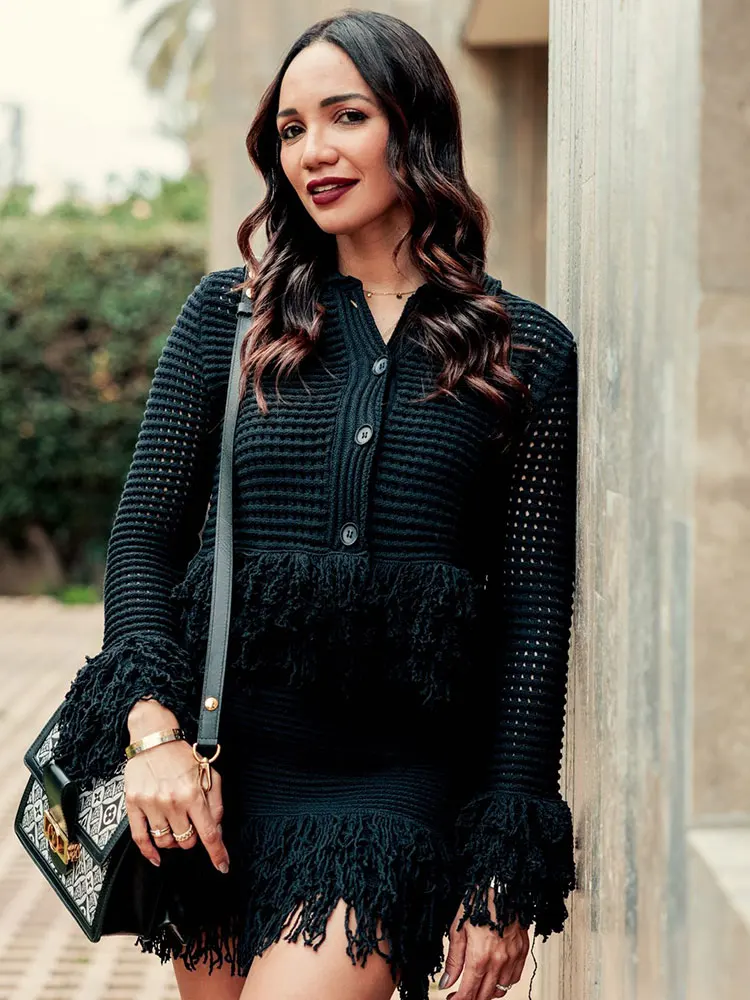 HH Female Vintage Knitted Solid 2 Piece Set Long Sleeve Single Breasted Lapel Tassel Hem Cardigan+Elastic Waist A-line Skirt