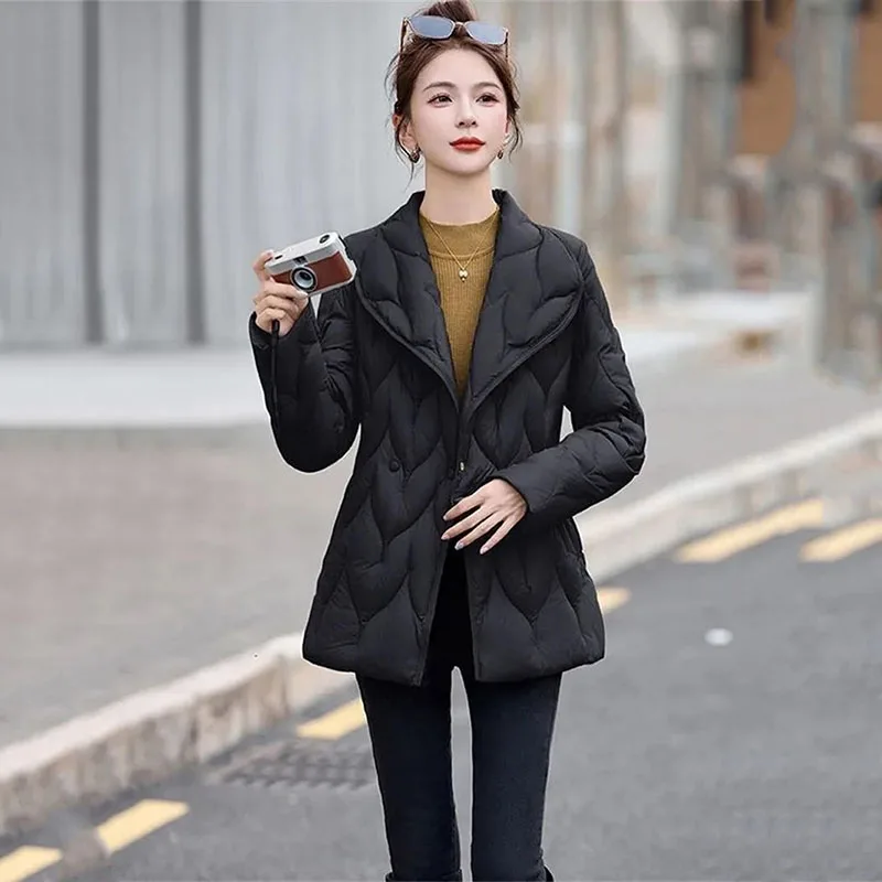 Cotton Jacket Elegant Age Reducing Versatile Waist Cinching Lace Up Horn Buckle Cotton Outerwear  Temperament Parker Coat