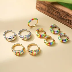 HECHENG,Sweet and Cute Enamel Oil Drops Colourful Stripes Patchwork Candy Earrings Ring Ladies Jewellery Gifts